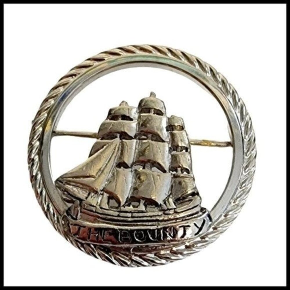 Vintage Silver Tone Round The Bounty Ship Boat signed MGM Brooch‎ Pin